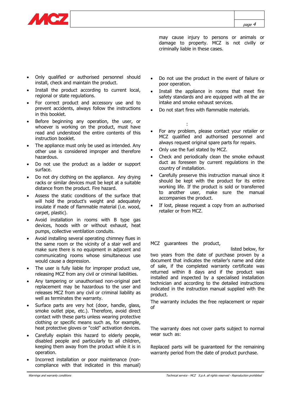 Warnings and warranty conditions | MCZ Boxsystem 75 FR User Manual | Page 4 / 37