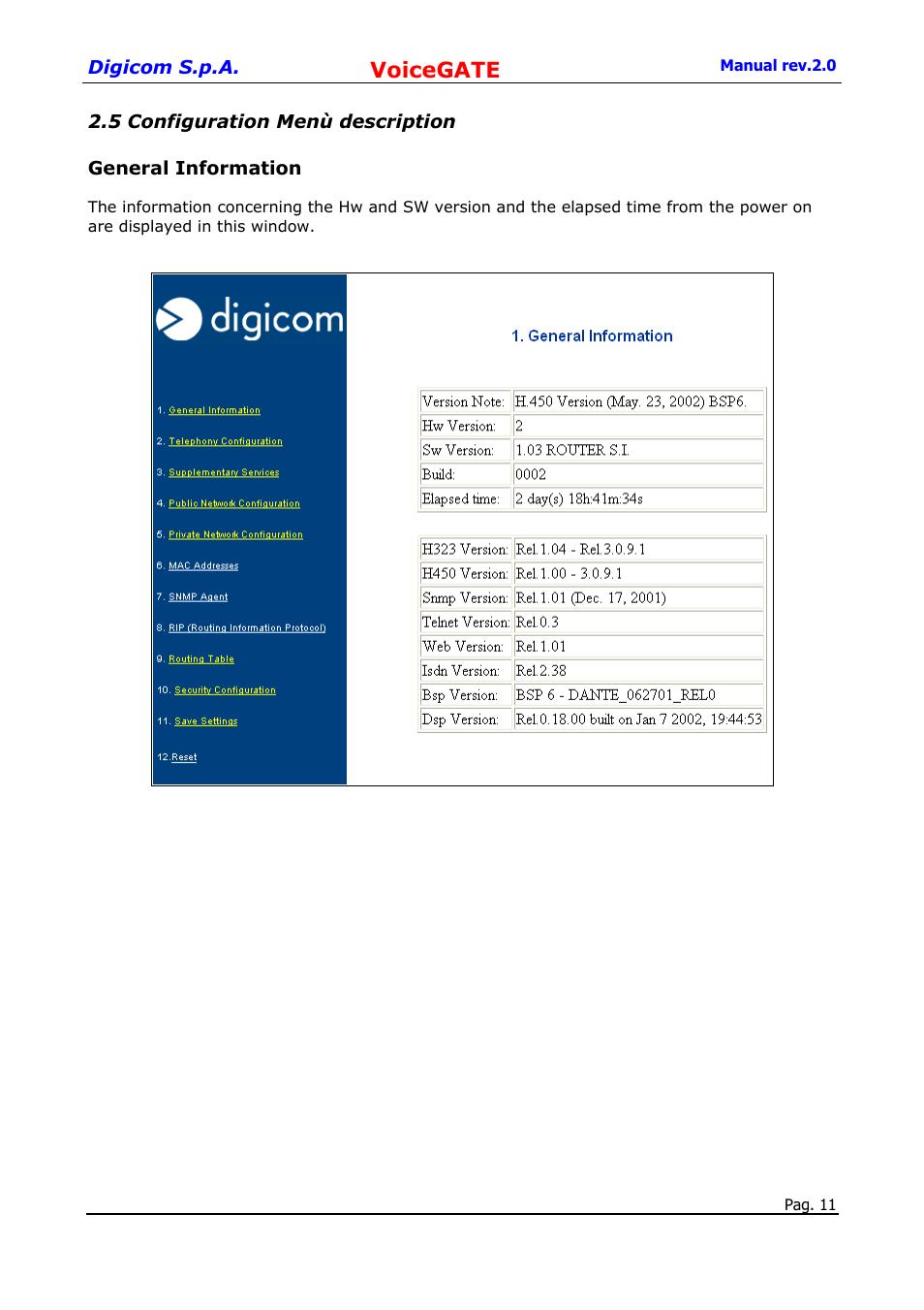 5 configuration menù description, General information, Voicegate | Digicom 8D5499 User Manual | Page 11 / 29