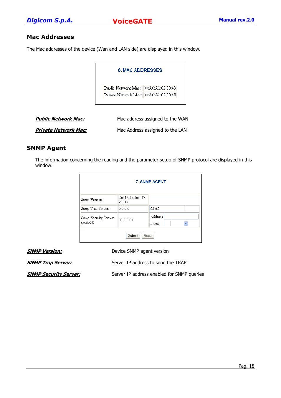 Mac addresses, Snmp agent, Voicegate | Digicom 8D5499 User Manual | Page 18 / 29
