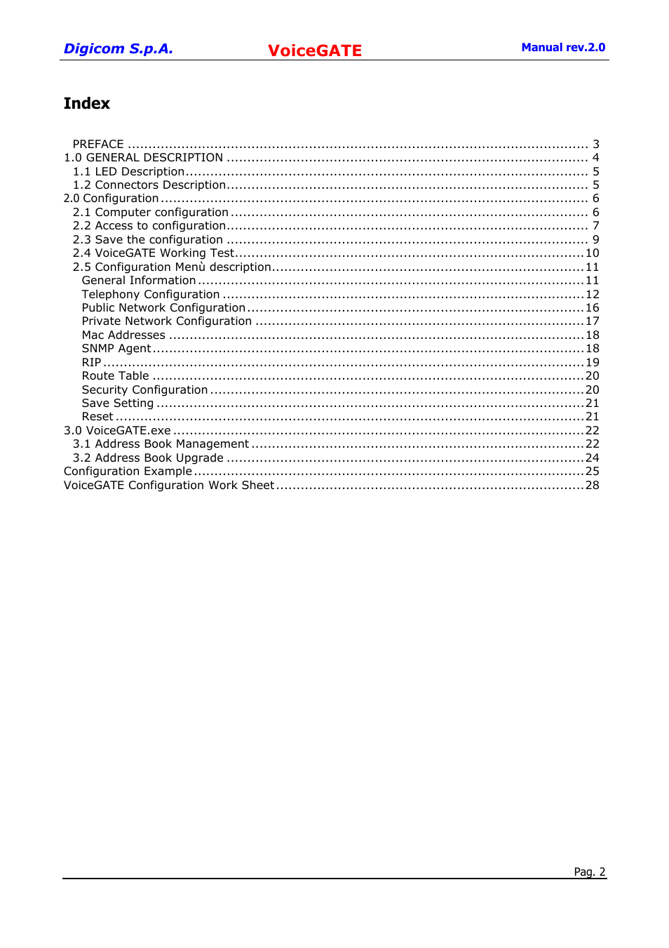 Iident, Voicegate, Index | Digicom 8D5499 User Manual | Page 2 / 29