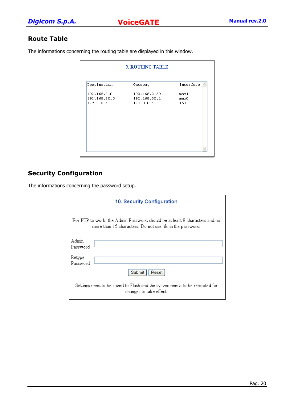 Route table, Security configuration, Voicegate | Digicom 8D5499 User Manual | Page 20 / 29