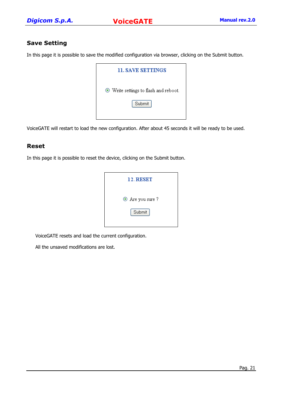 Save setting, Reset, Voicegate | Digicom 8D5499 User Manual | Page 21 / 29