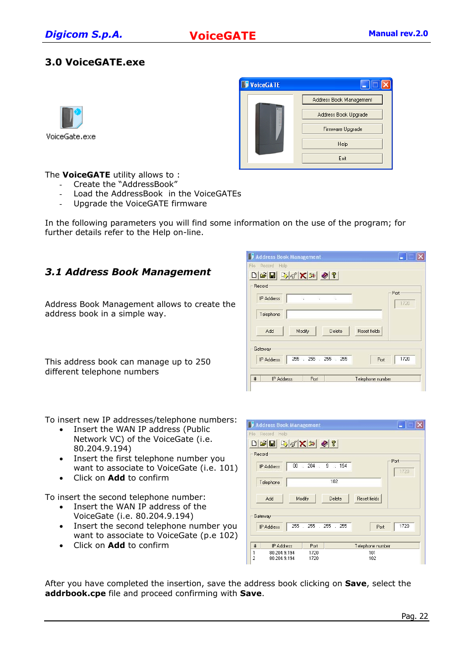 Voicegate, 0 voicegate.exe, 1 address book management | Digicom 8D5499 User Manual | Page 22 / 29