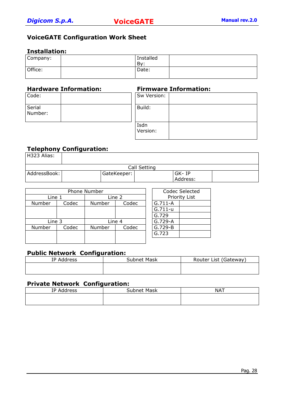 Voicegate configuration work sheet, Voicegate | Digicom 8D5499 User Manual | Page 28 / 29