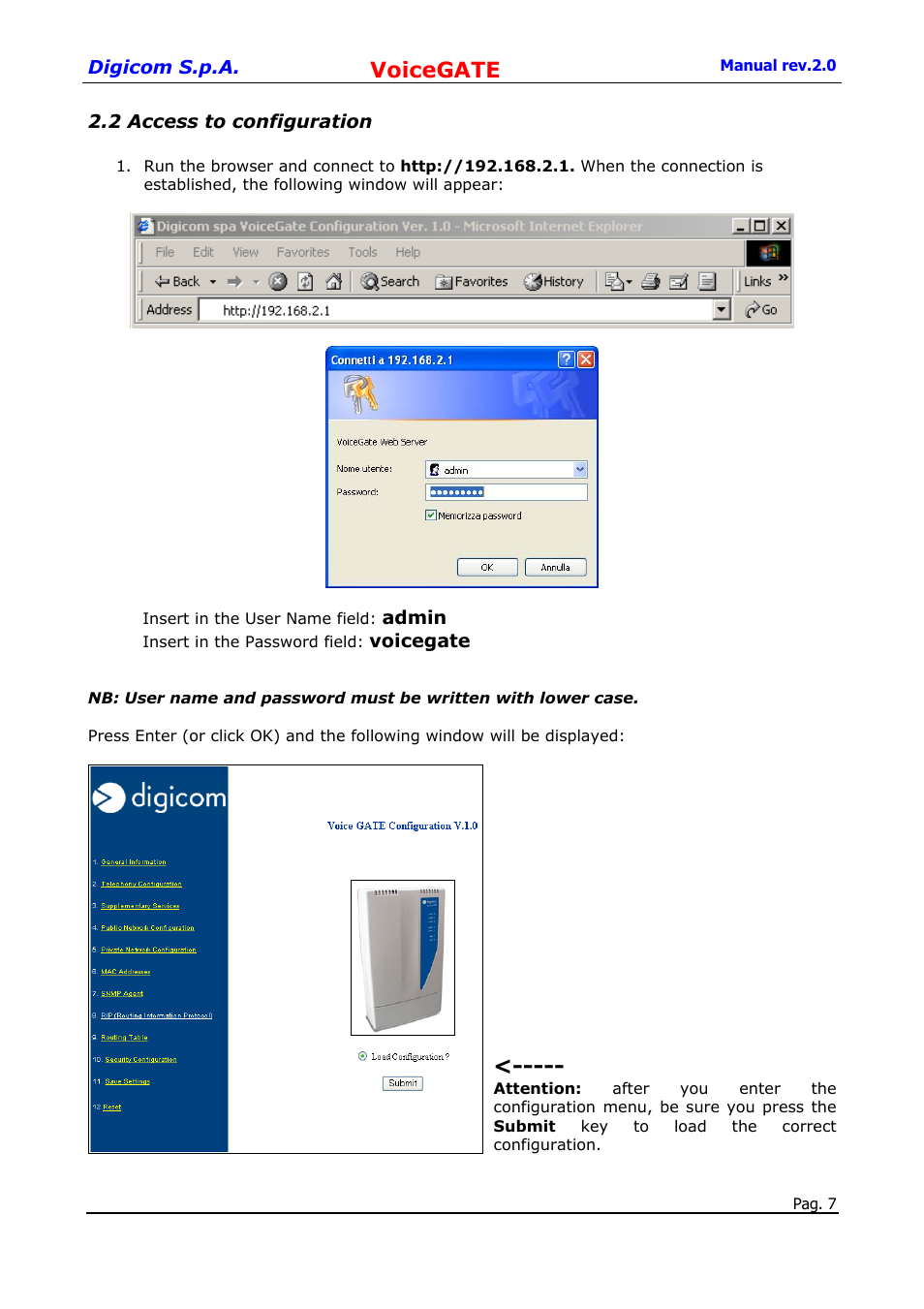 2 access to configuration, Voicegate | Digicom 8D5499 User Manual | Page 7 / 29