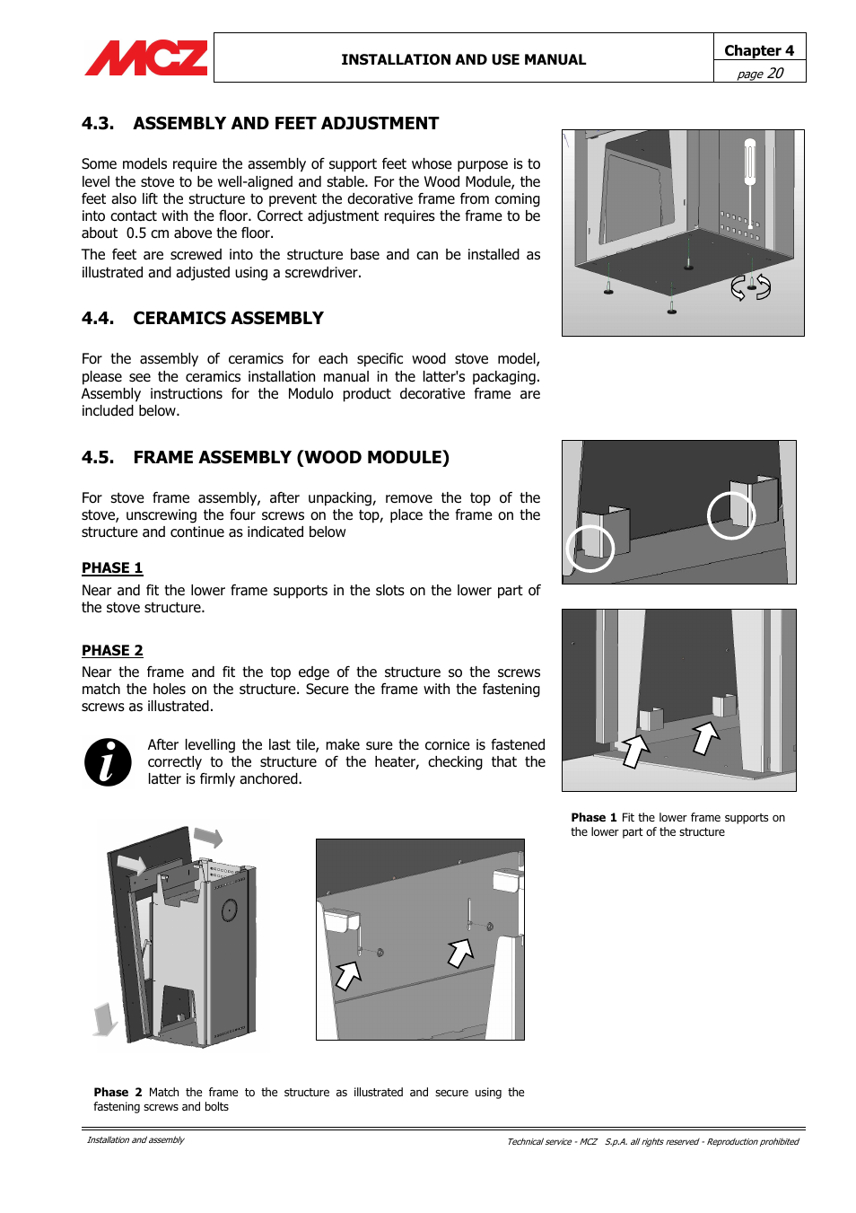 Assembly and feet adjustment, Ceramics assembly, Frame assembly (wood module) | MCZ Alpha User Manual | Page 20 / 27