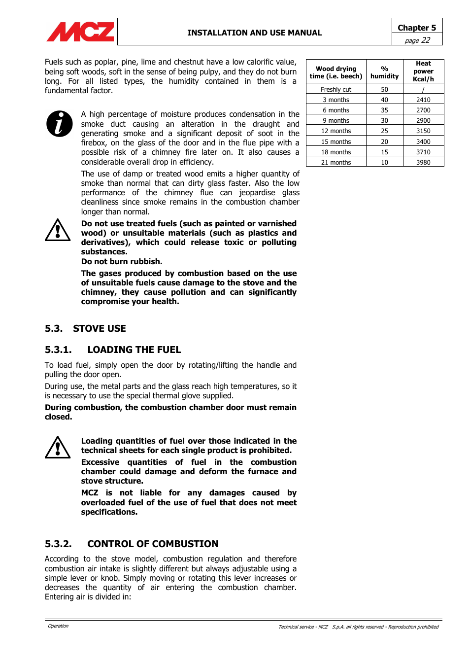 Stove use 5.3.1. loading the fuel, Control of combustion | MCZ Alpha User Manual | Page 22 / 27