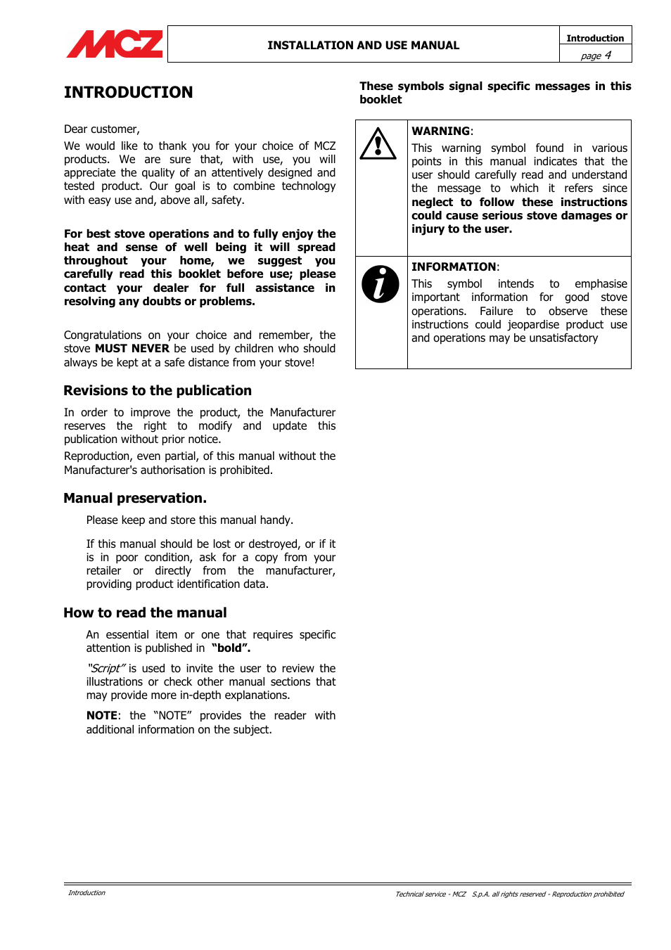 Introduction, Revisions to the publication, Manual preservation | How to read the manual | MCZ Alpha User Manual | Page 4 / 27