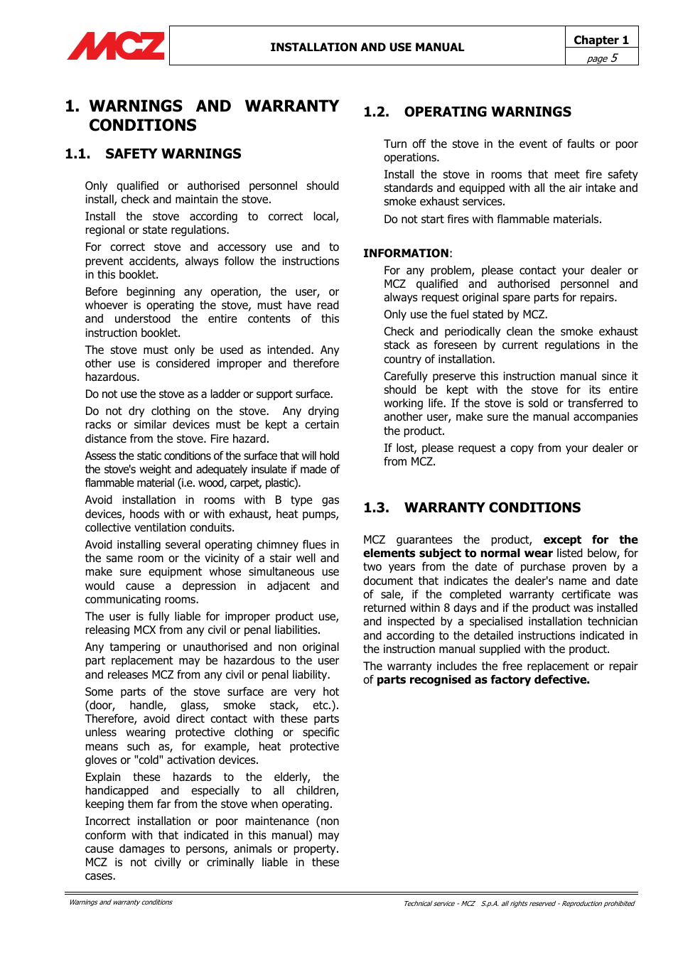 Warnings and warranty conditions, Safety warnings, Operating warnings | Warranty conditions | MCZ Alpha User Manual | Page 5 / 27