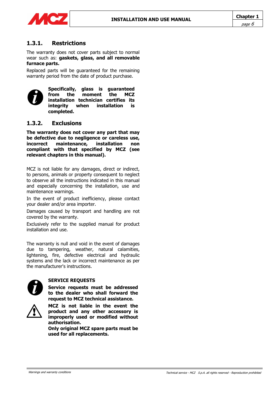 Restrictions, Exclusions | MCZ Alpha User Manual | Page 6 / 27