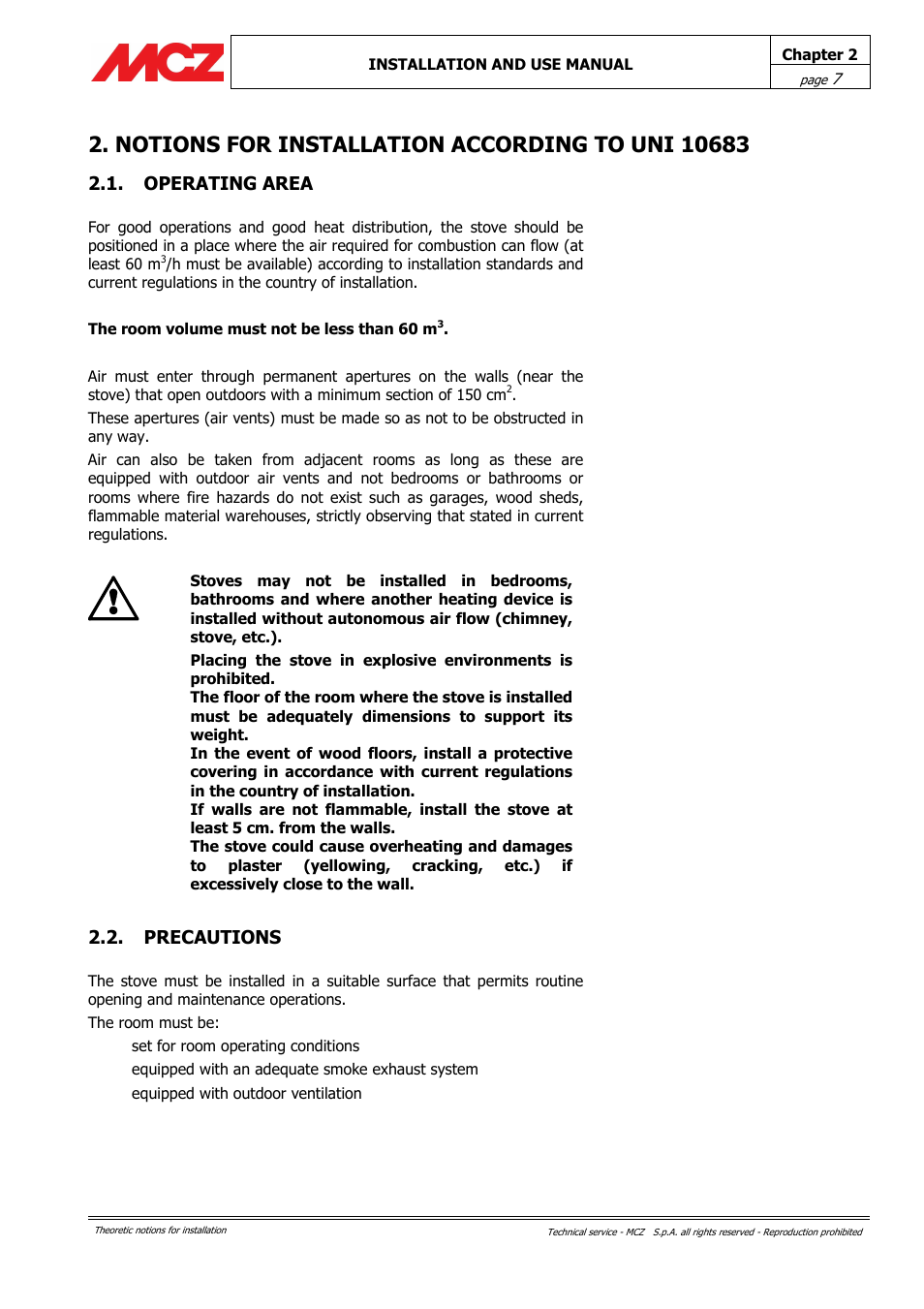Operating area, Precautions | MCZ Alpha User Manual | Page 7 / 27