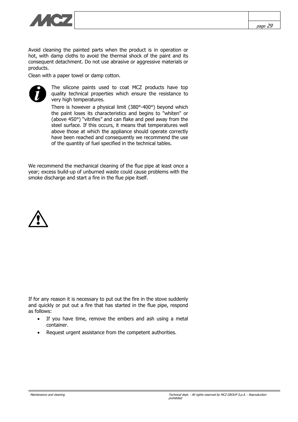 Cleaning painted parts, Cleaning the flue pipe, Quick response | MCZ Kasai User Manual | Page 29 / 30