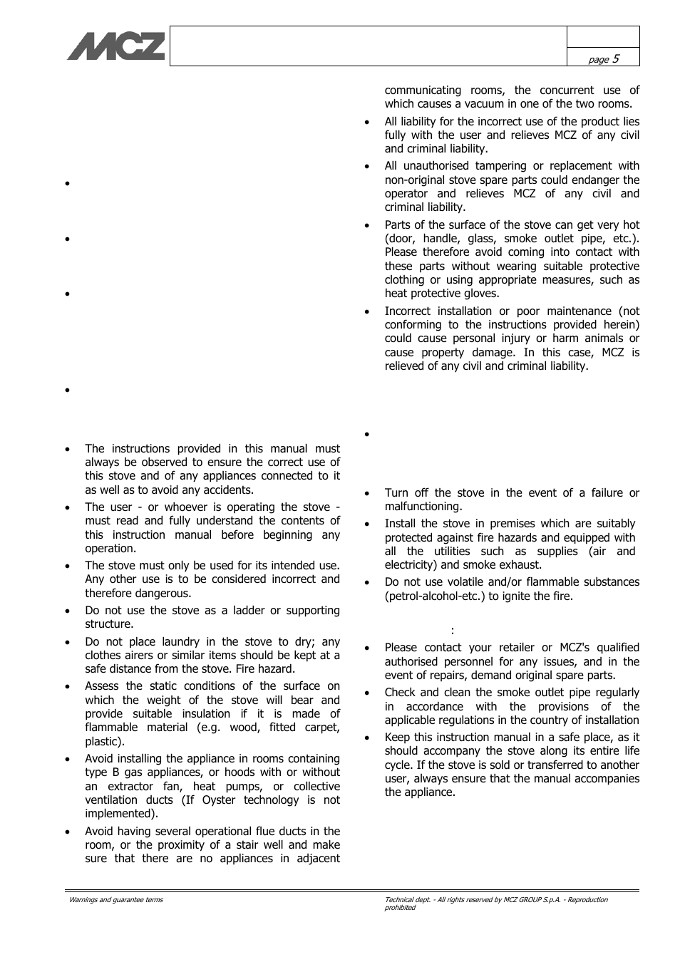 Warnings and guarantee terms | MCZ Kasai User Manual | Page 5 / 30
