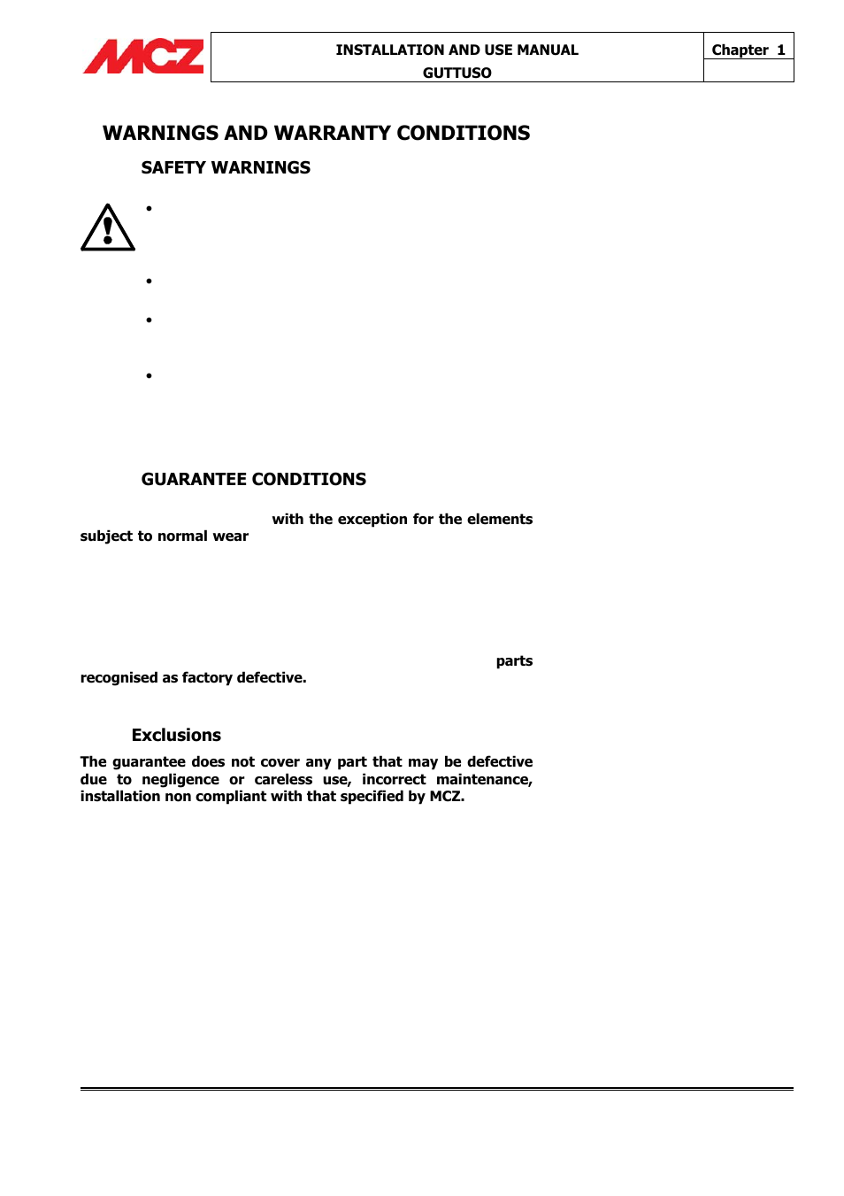 Warnings and warranty conditions | MCZ Guttuso User Manual | Page 3 / 16