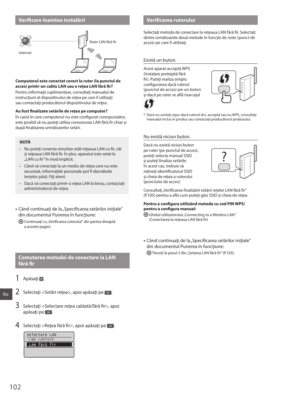 Verifi care înaintea instalării, Comutarea metodei de conectare la lan fără fi r, Verifi carea ruterului | Canon i-SENSYS MF244dw User Manual | Page 102 / 124