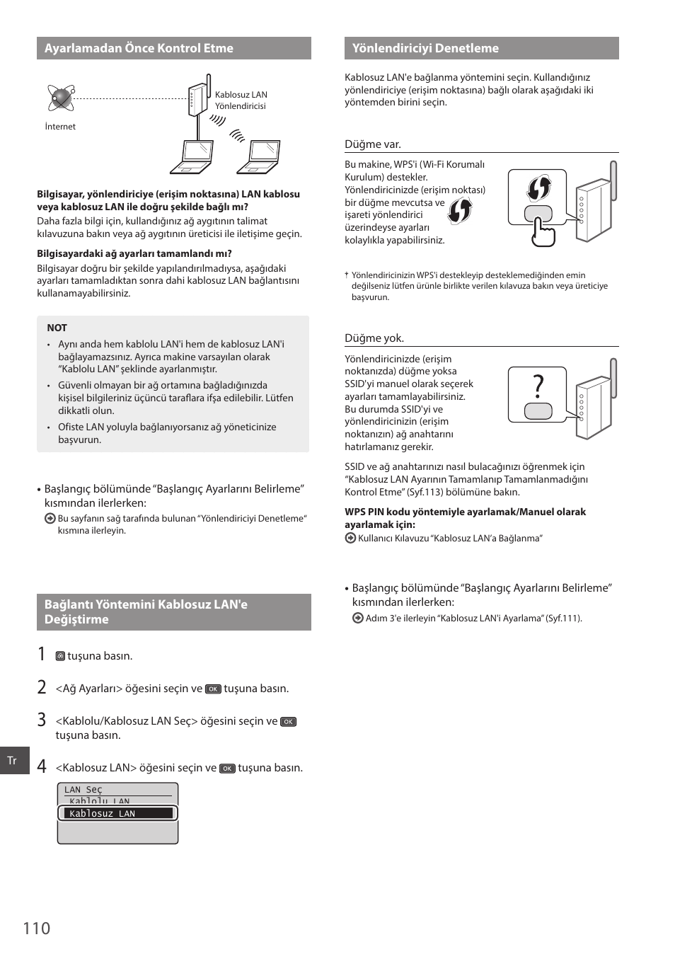 Ayarlamadan önce kontrol etme, Bağlantı yöntemini kablosuz lan'e değiştirme, Yönlendiriciyi denetleme | Canon i-SENSYS MF244dw User Manual | Page 110 / 124