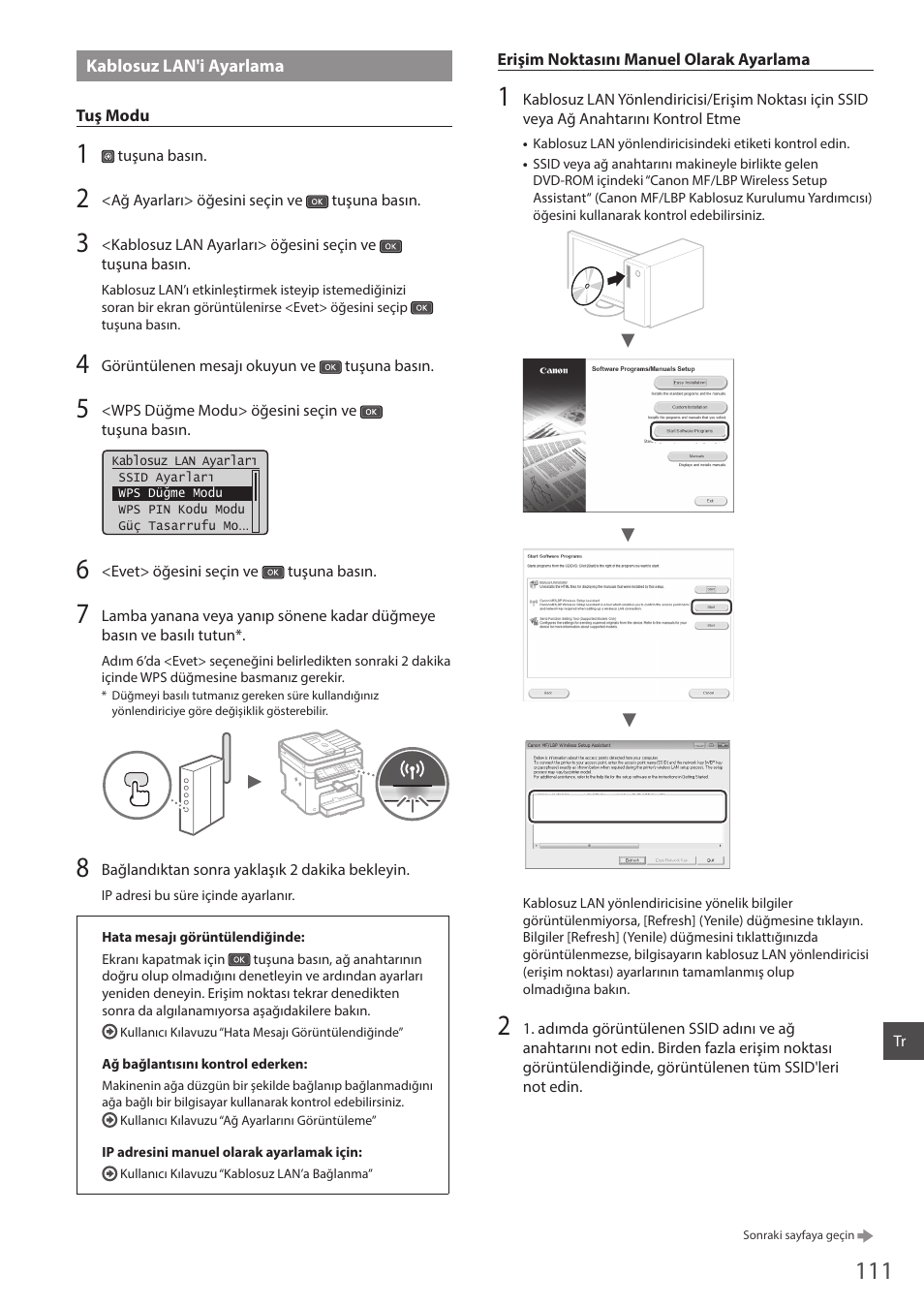 Kablosuz lan'i ayarlama | Canon i-SENSYS MF244dw User Manual | Page 111 / 124