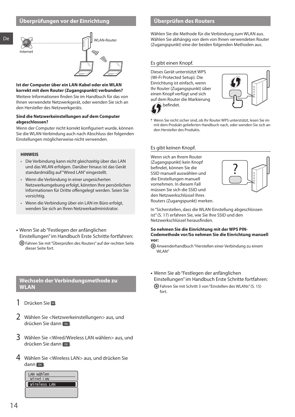Überprüfungen vor der einrichtung, Wechseln der verbindungsmethode zu wlan, Überprüfen des routers | Canon i-SENSYS MF244dw User Manual | Page 14 / 124