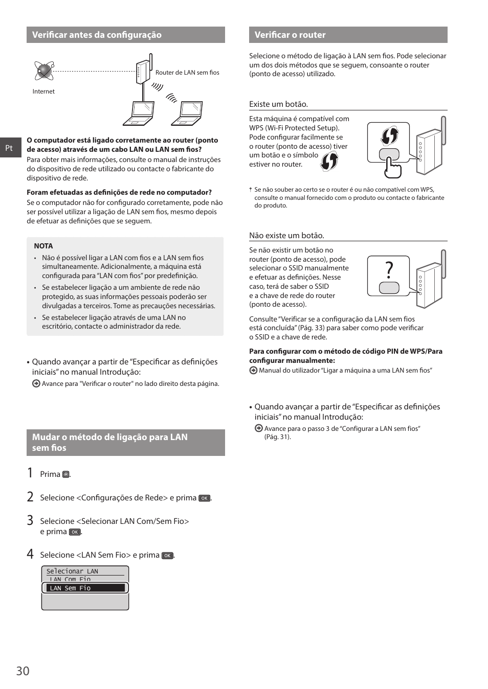 Verifi car antes da confi guração, Mudar o método de ligação para lan sem fi os, Verifi car o router | Canon i-SENSYS MF244dw User Manual | Page 30 / 124