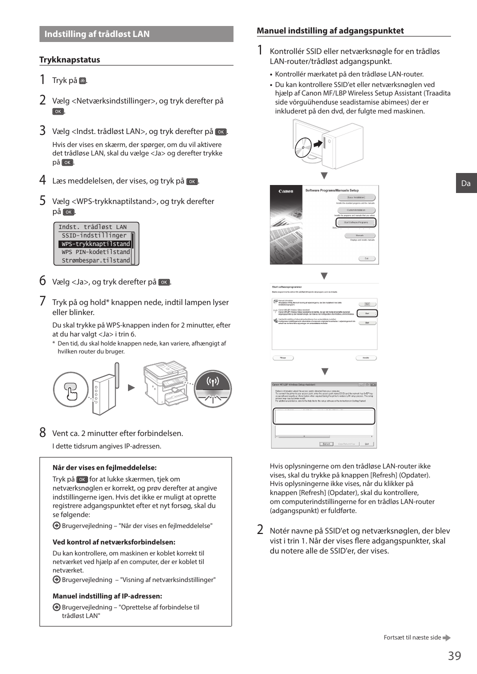 Indstilling af trådløst lan | Canon i-SENSYS MF244dw User Manual | Page 39 / 124