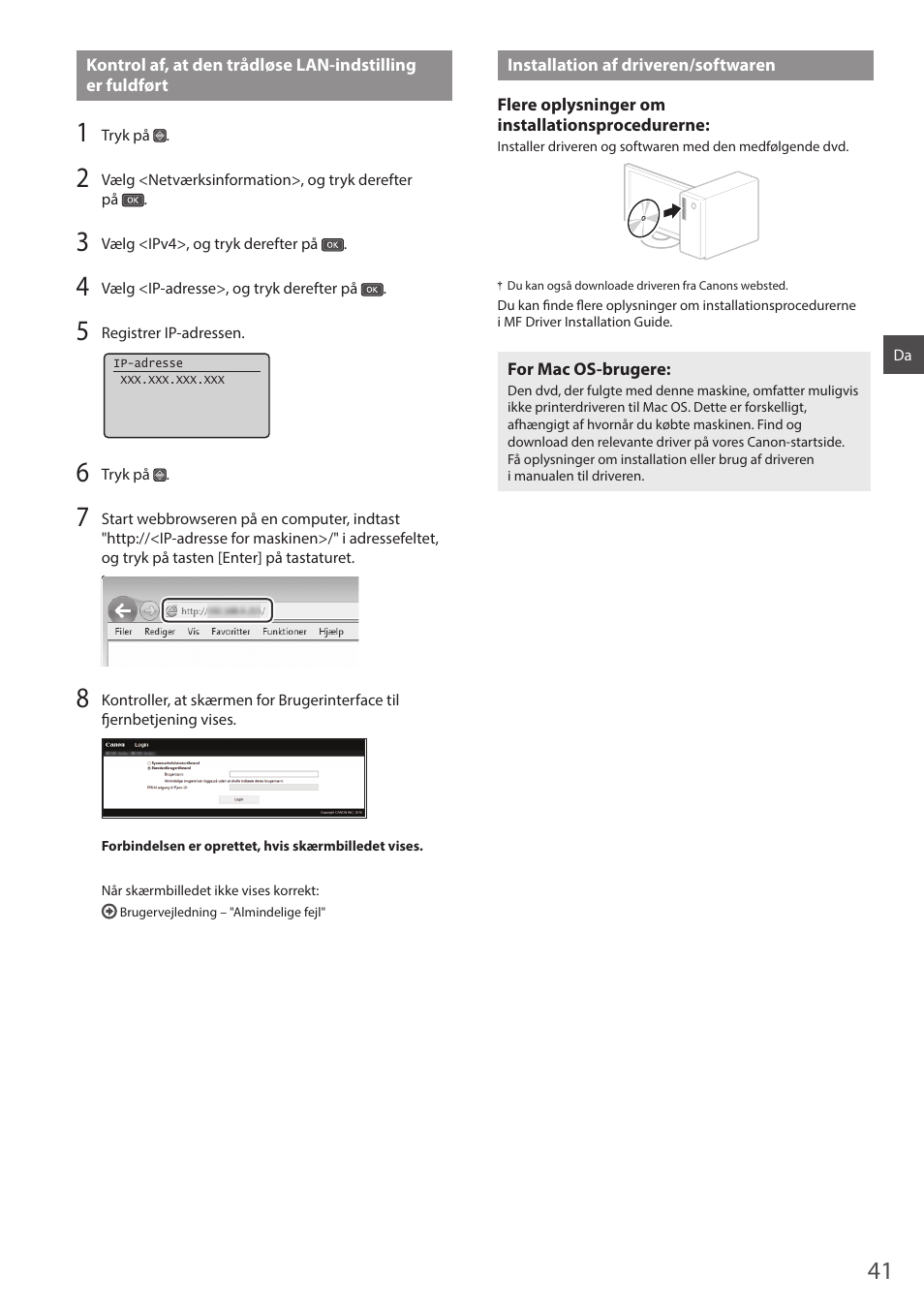 Installation af driveren/softwaren | Canon i-SENSYS MF244dw User Manual | Page 41 / 124