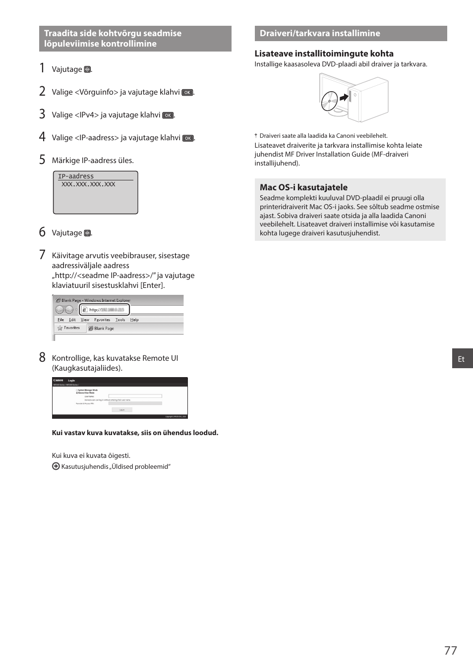 Draiveri/tarkvara installimine, Ac os-i, vt lk 77 | Canon i-SENSYS MF244dw User Manual | Page 77 / 124