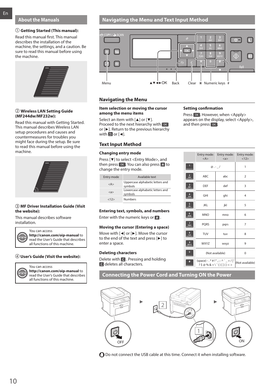 The power, Connecting the power cord and turning on the power, Navigating the menu | Text input method | Canon i-SENSYS MF244dw User Manual | Page 10 / 308