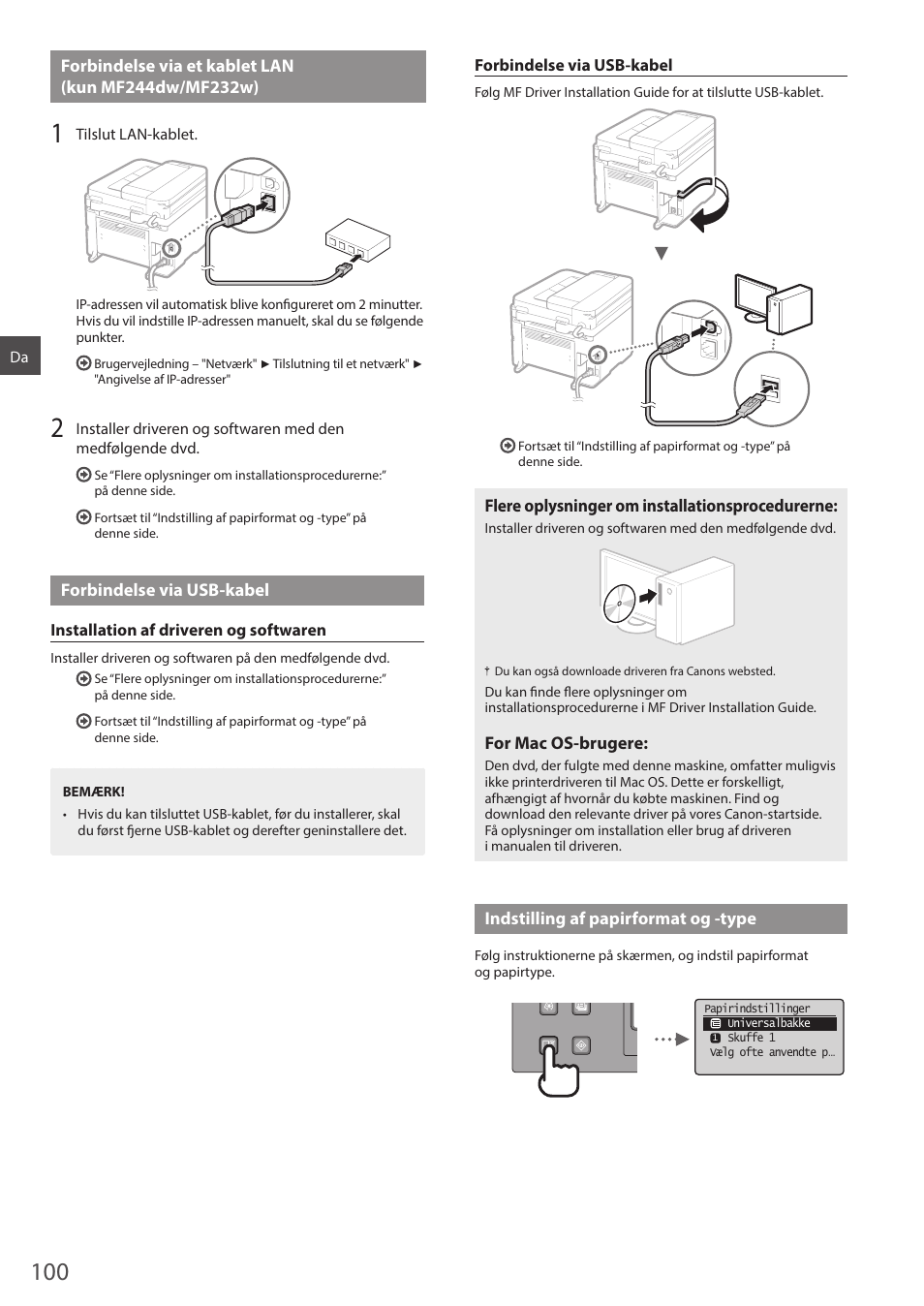 Forbindelse via et kablet lan (kun mf244dw, Tsæt til ”forbindelse via et kablet lan, Kun mf244dw/mf232w)” (s. 100) | Tsæt til ”forbindelse via usb-kabel” (s. 100) | Canon i-SENSYS MF244dw User Manual | Page 100 / 308