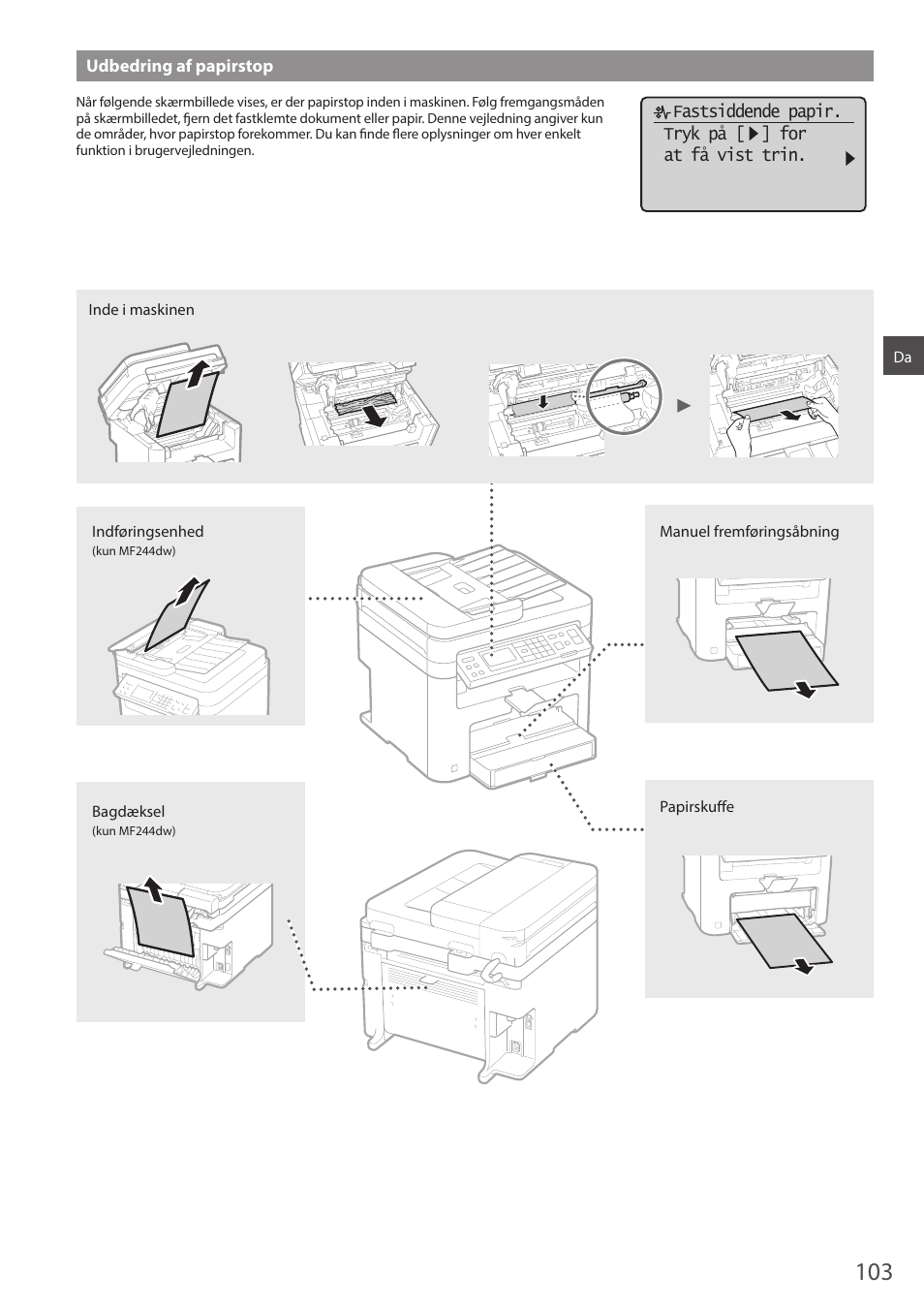 Udbedring af papirstop | Canon i-SENSYS MF244dw User Manual | Page 103 / 308