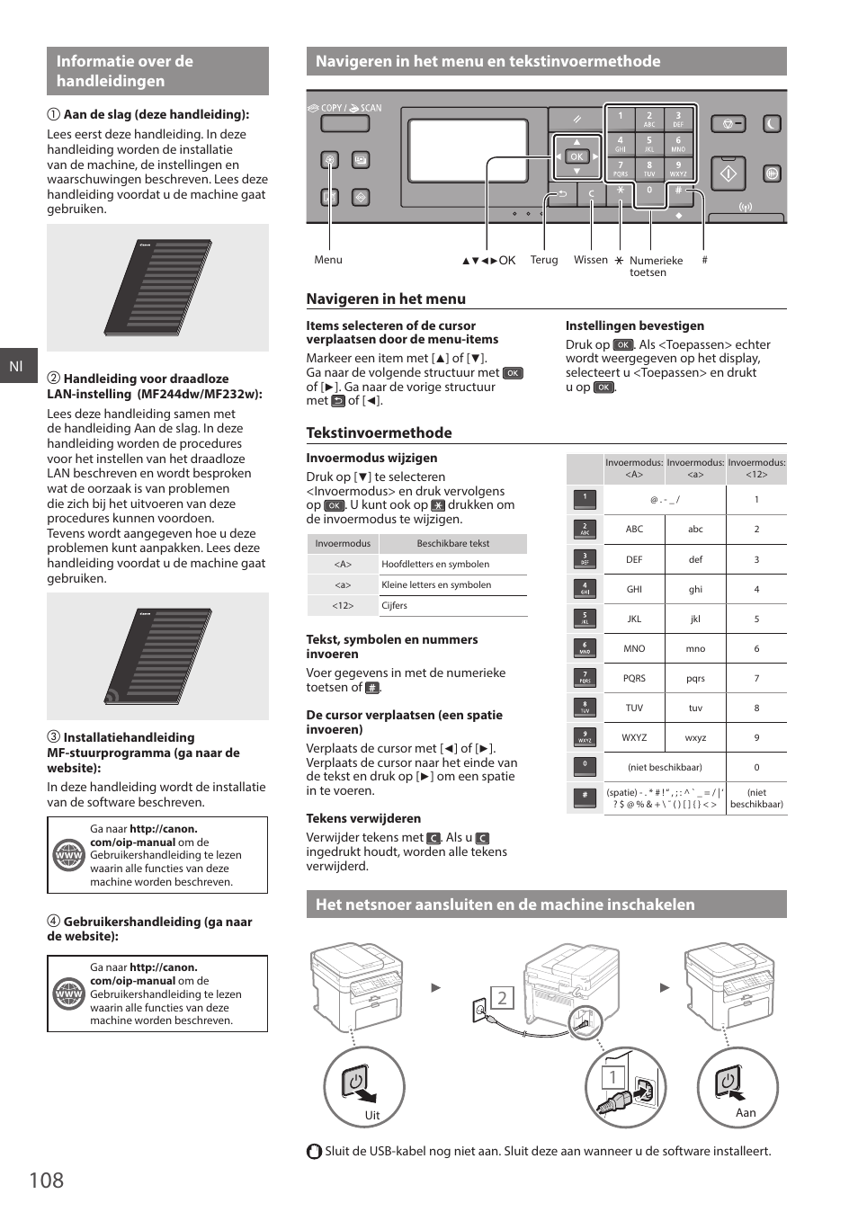 Inschakelen, Het netsnoer aansluiten en de machine inschakelen, Navigeren in het menu | Tekstinvoermethode | Canon i-SENSYS MF244dw User Manual | Page 108 / 308