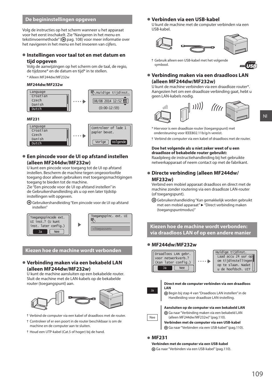 Via draadloos lan of op een andere manier, De begininstellingen opgeven, Kiezen hoe de machine wordt verbonden | Verbinden via een usb-kabel, Mf231 | Canon i-SENSYS MF244dw User Manual | Page 109 / 308