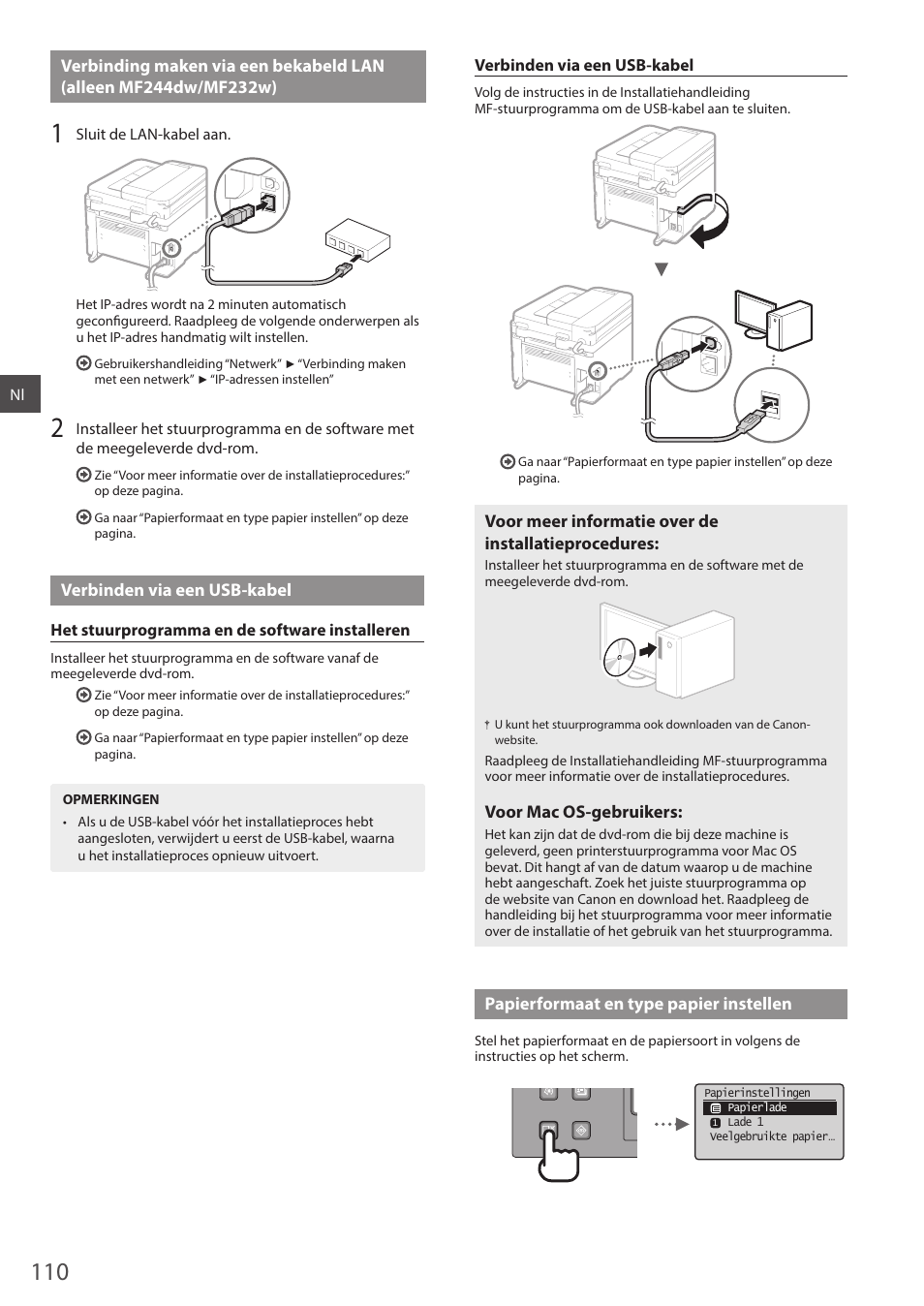 Verbinding maken via een bekabeld lan, 110 als u m, A naar “verbinding maken via een bekabeld lan | Alleen mf244dw/mf232w)” (pag.110), A naar “verbinden via een usb-kabel” (pag.110) | Canon i-SENSYS MF244dw User Manual | Page 110 / 308