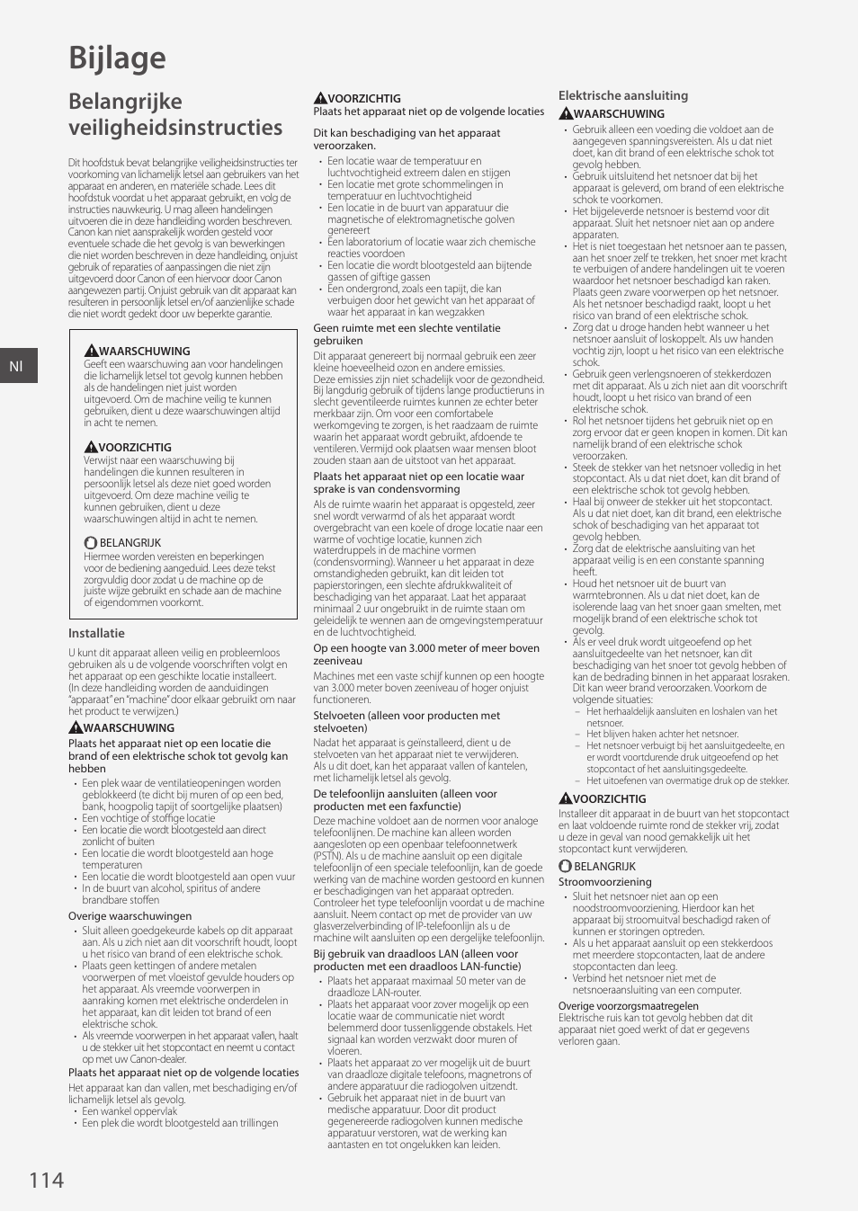 Bijlage, Belangrijke veiligheidsinstructies | Canon i-SENSYS MF244dw User Manual | Page 114 / 308