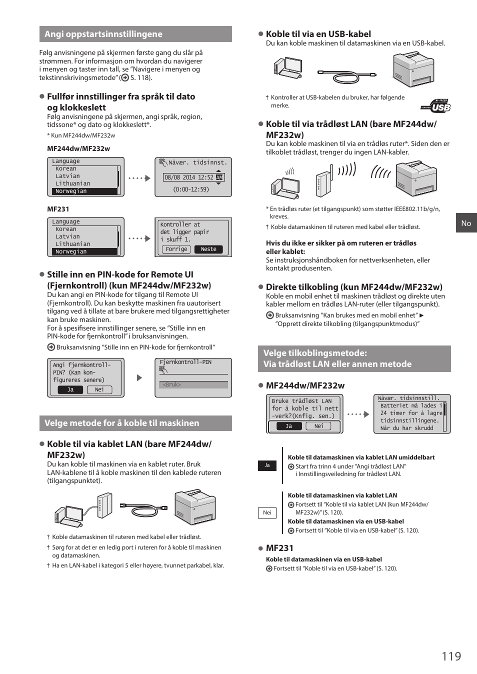 Via trådløst lan eller annen metode, Angi oppstartsinnstillingene, Velge metode for å koble til maskinen | Koble til via en usb-kabel, Mf231 | Canon i-SENSYS MF244dw User Manual | Page 119 / 308