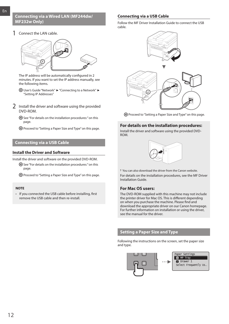 Connecting via a wired lan (mf244dw, O “connecting via a wired lan (mf244dw, Mf232w only)” (p.12) | O “connecting via a usb cable” (p.12) | Canon i-SENSYS MF244dw User Manual | Page 12 / 308