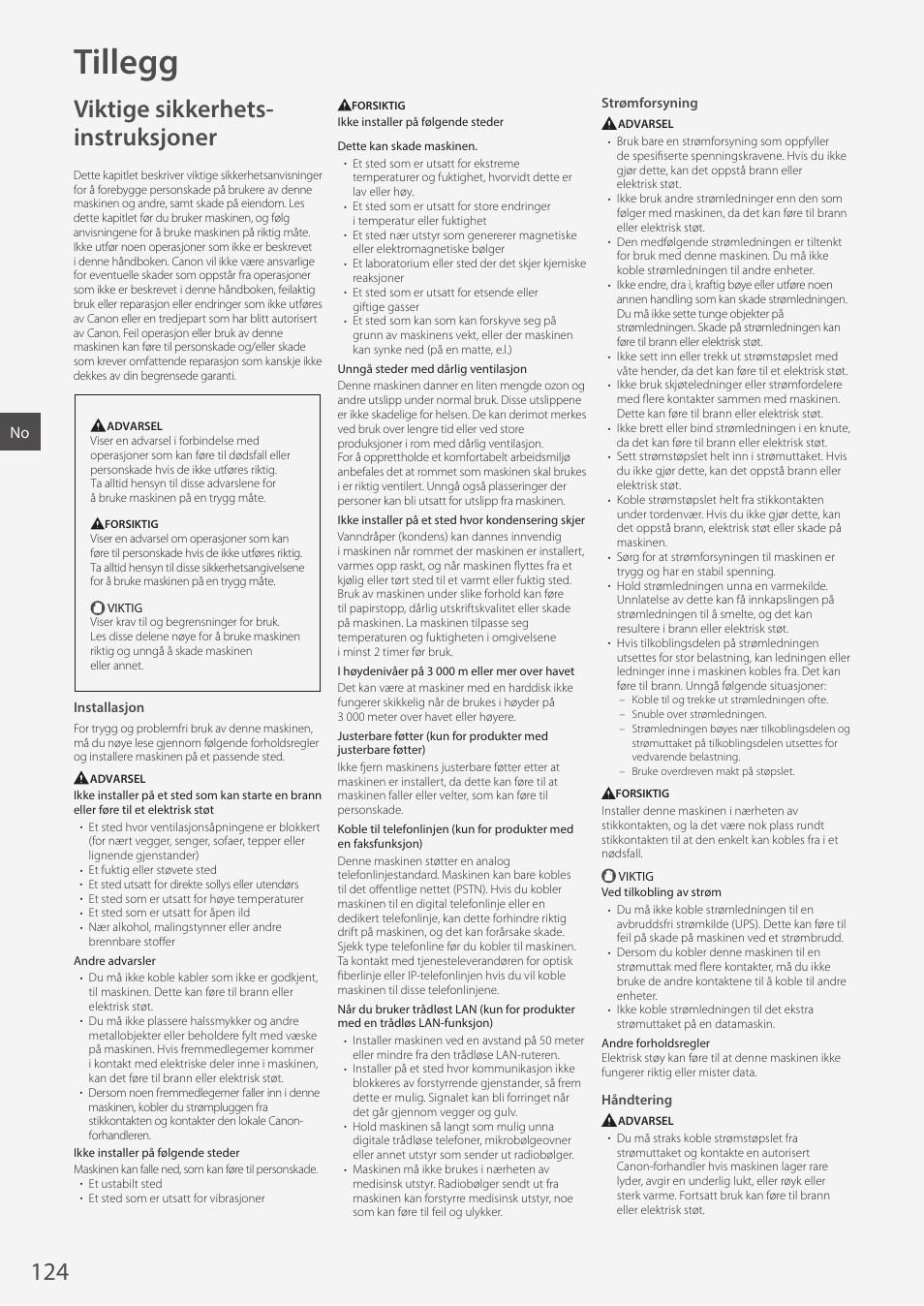 Tillegg, Viktige sikkerhets- instruksjoner | Canon i-SENSYS MF244dw User Manual | Page 124 / 308