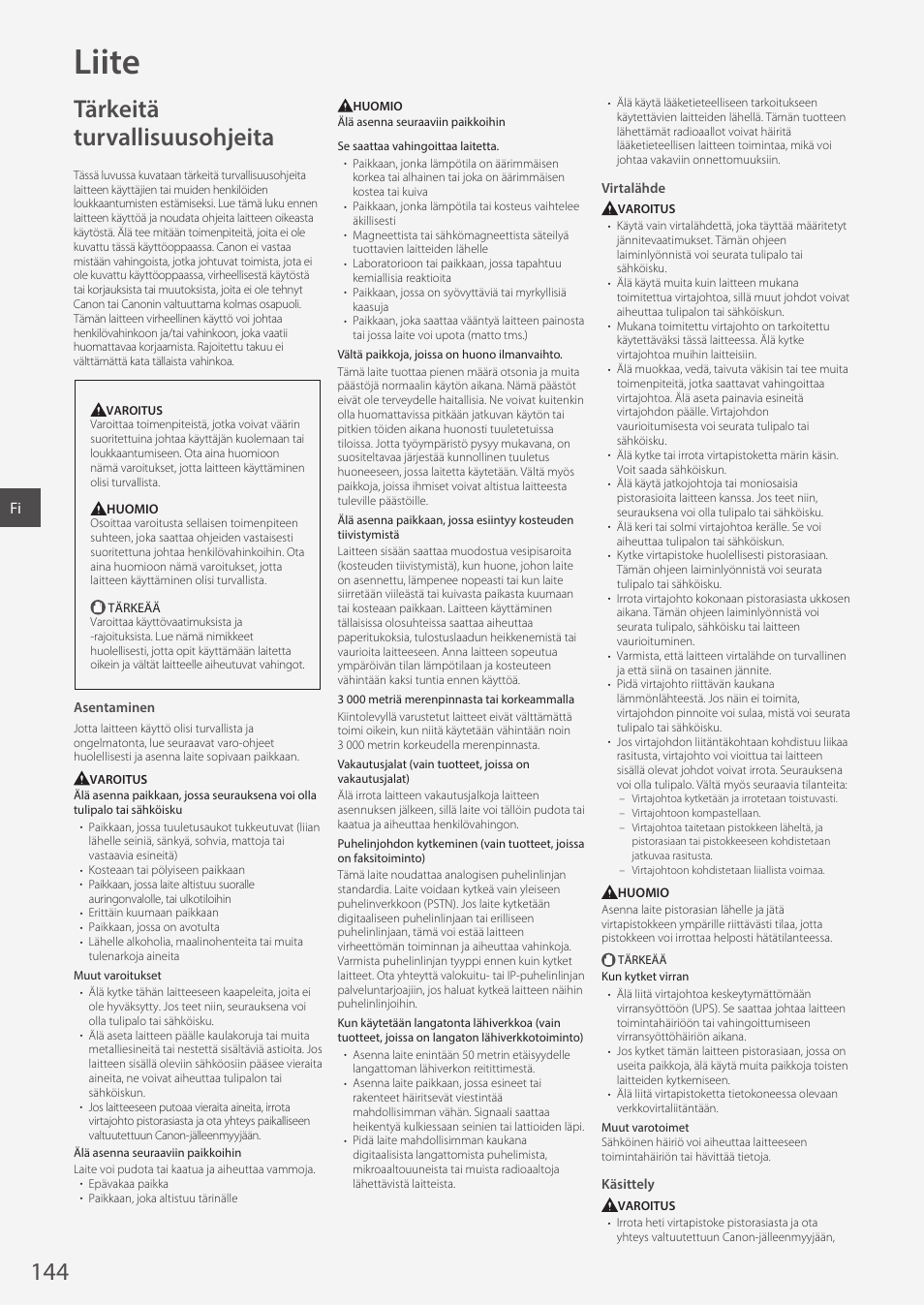 Liite, Tärkeitä turvallisuusohjeita | Canon i-SENSYS MF244dw User Manual | Page 144 / 308