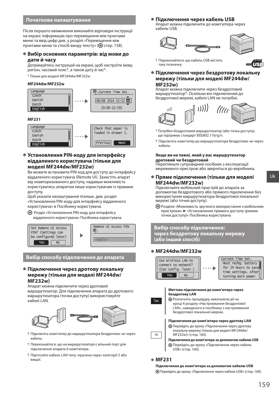 Бездротову локальну мережу (або інший, Спосіб), Початкове налаштування | Вибір основних параметрів: від мови до дати й часу, Вибір способу підключення до апарата, Підключення через кабель usb, Mf231 | Canon i-SENSYS MF244dw User Manual | Page 159 / 308