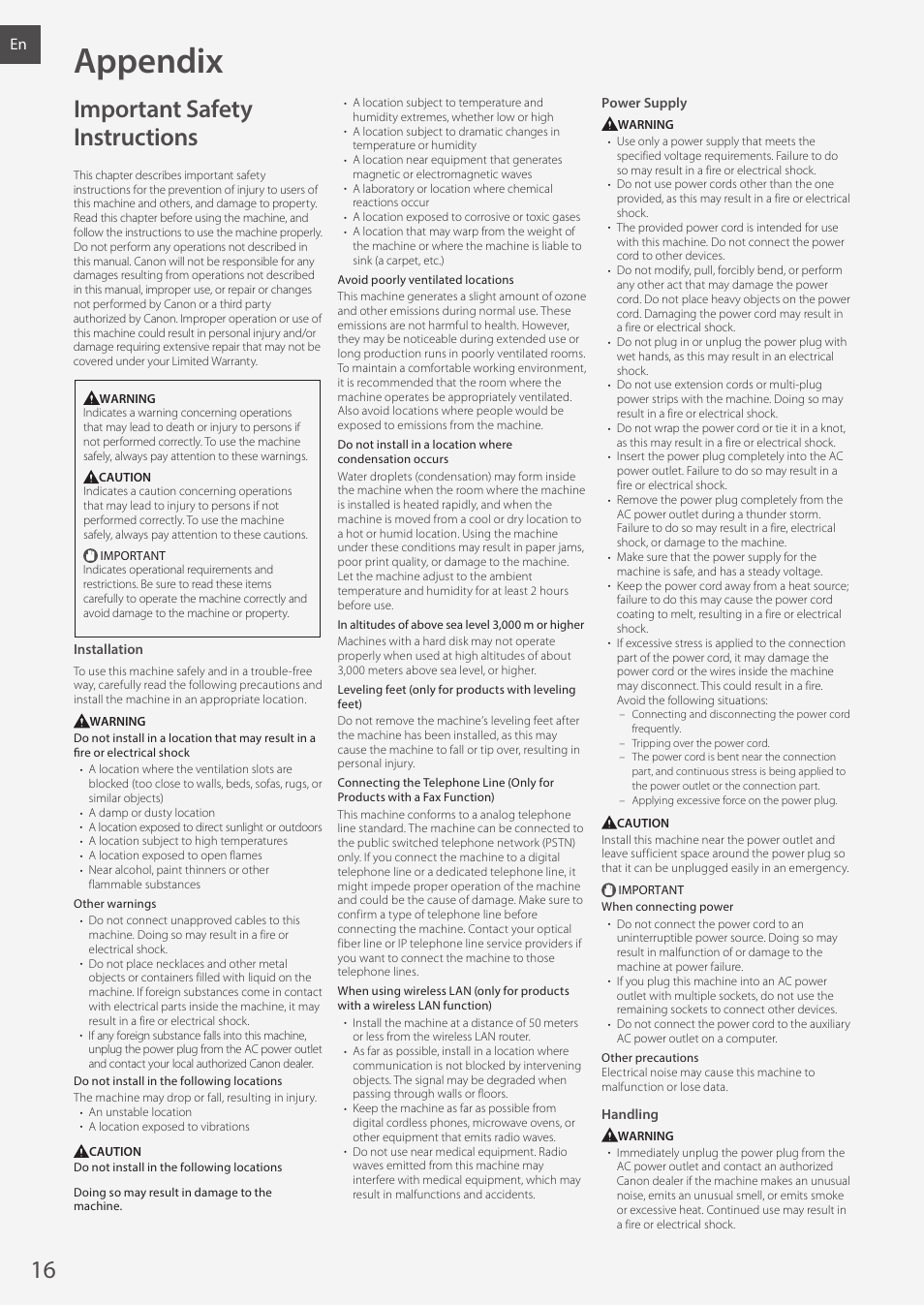 Appendix, Important safety instructions | Canon i-SENSYS MF244dw User Manual | Page 16 / 308