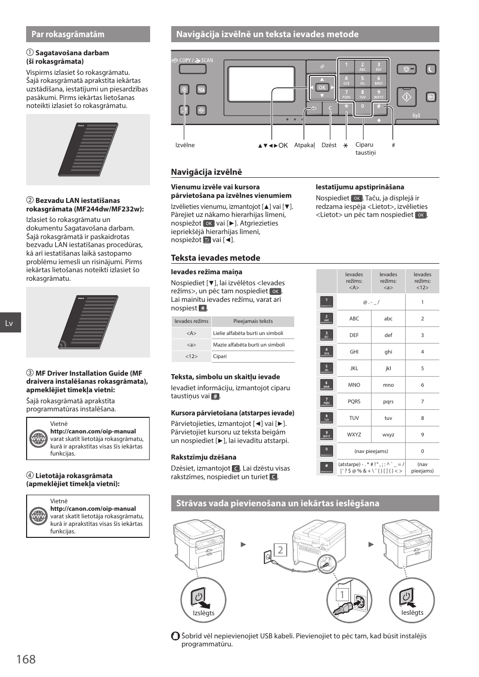 Ieslēgšana, Strāvas vada pievienošana un iekārtas ieslēgšana, Navigācija izvēlnē | Teksta ievades metode | Canon i-SENSYS MF244dw User Manual | Page 168 / 308