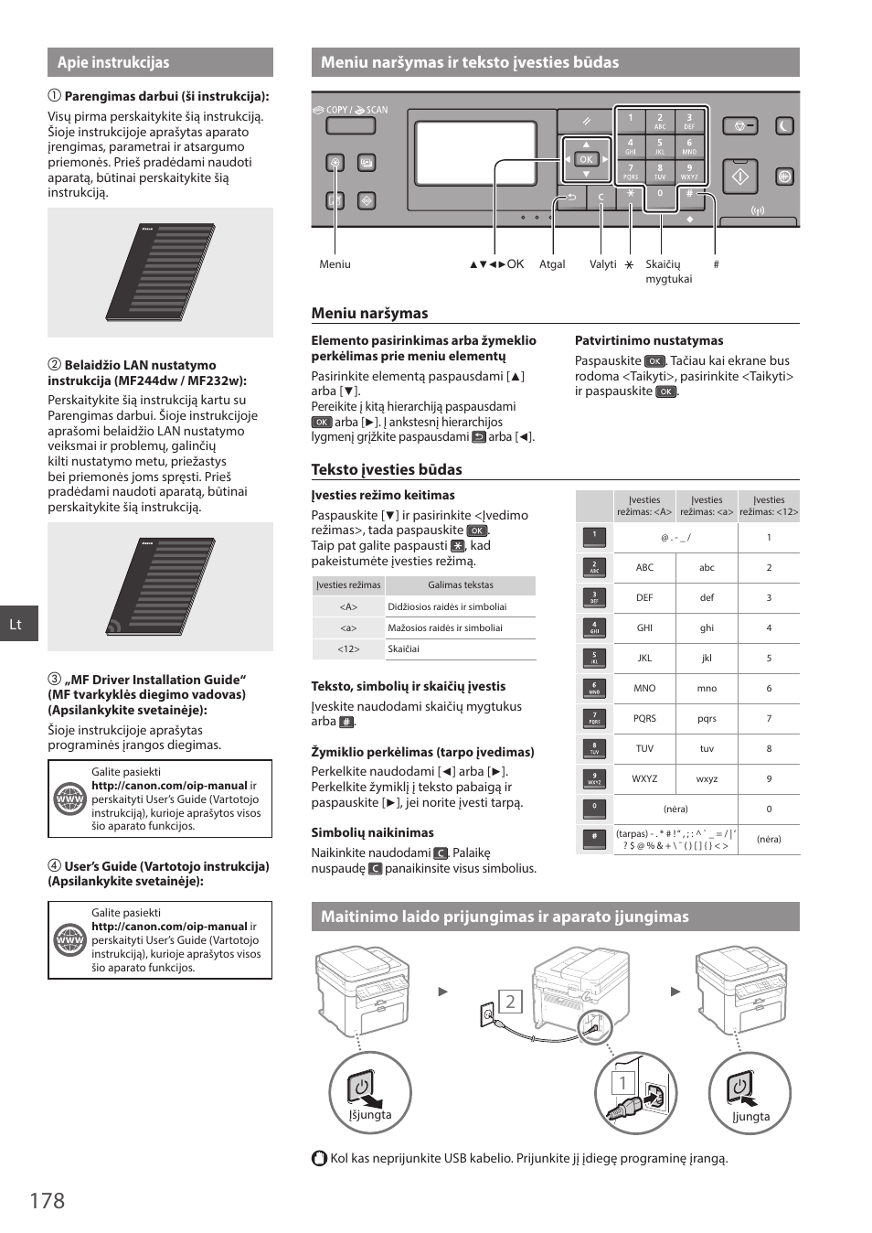 Įjungimas, Maitinimo laido prijungimas ir aparato įjungimas, Meniu naršymas | Teksto įvesties būdas | Canon i-SENSYS MF244dw User Manual | Page 178 / 308