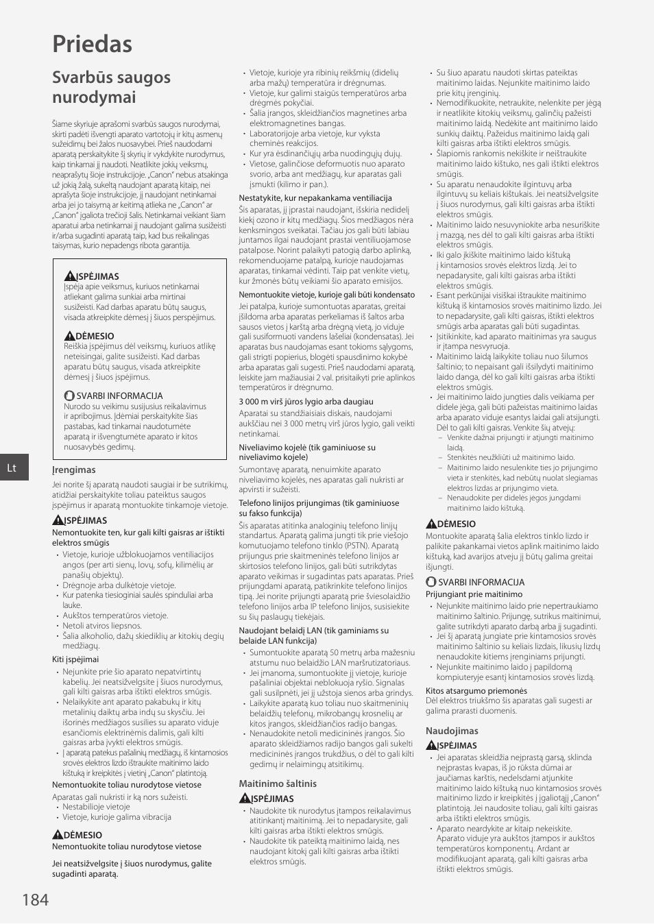 Priedas, Svarbūs saugos nurodymai | Canon i-SENSYS MF244dw User Manual | Page 184 / 308