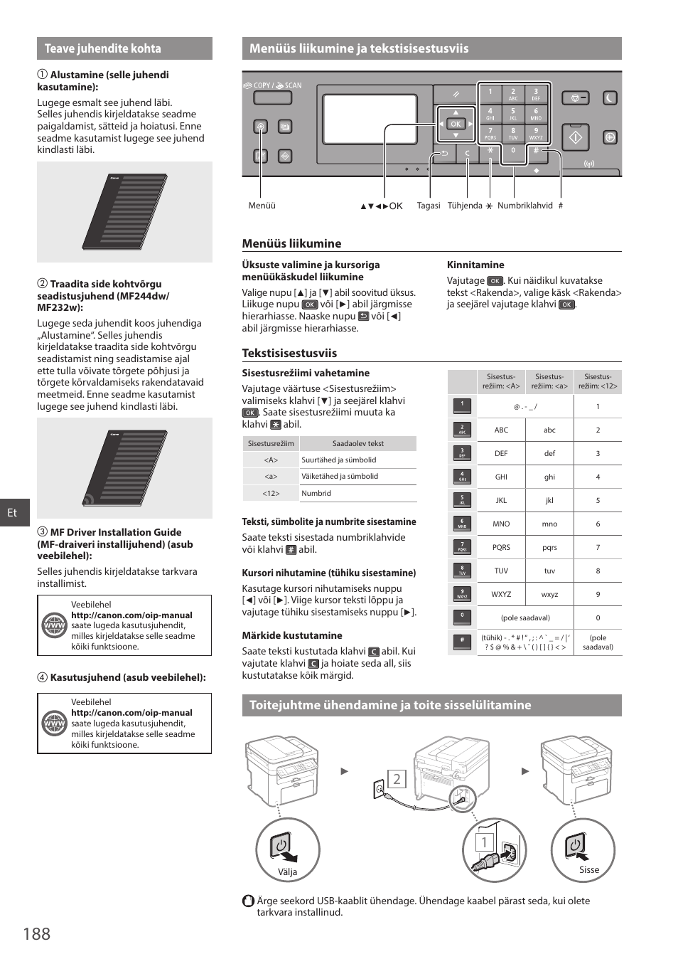 Sisselülitamine, Toitejuhtme ühendamine ja toite sisselülitamine, Menüüs liikumine | Tekstisisestusviis | Canon i-SENSYS MF244dw User Manual | Page 188 / 308