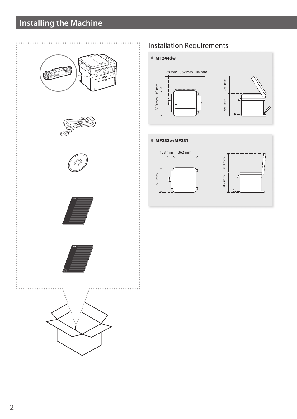 Installing the machine, Installation requirements | Canon i-SENSYS MF244dw User Manual | Page 2 / 308