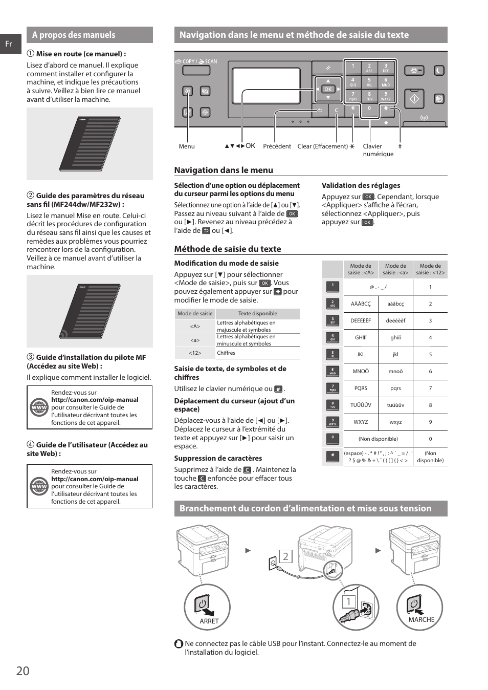 Sous tension, Navigation dans le menu, Méthode de saisie du texte | Canon i-SENSYS MF244dw User Manual | Page 20 / 308