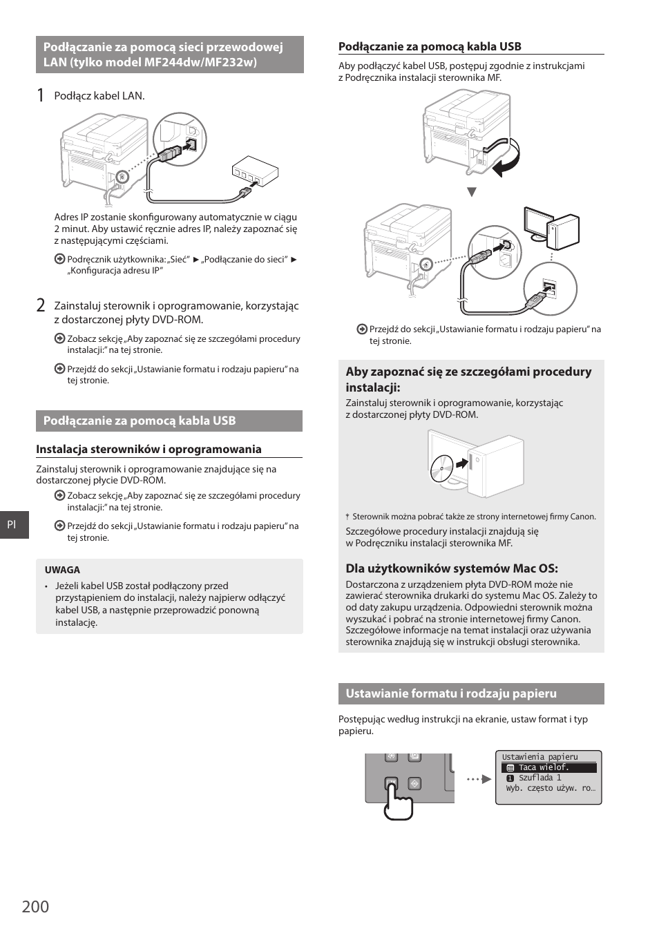 Podłączanie za pomocą sieci przewodowej lan, Do sekcji „podłączanie za pomocą sieci przewodowej | Canon i-SENSYS MF244dw User Manual | Page 200 / 308