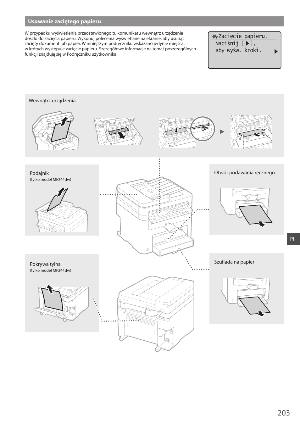 Usuwanie zaciętego papieru | Canon i-SENSYS MF244dw User Manual | Page 203 / 308