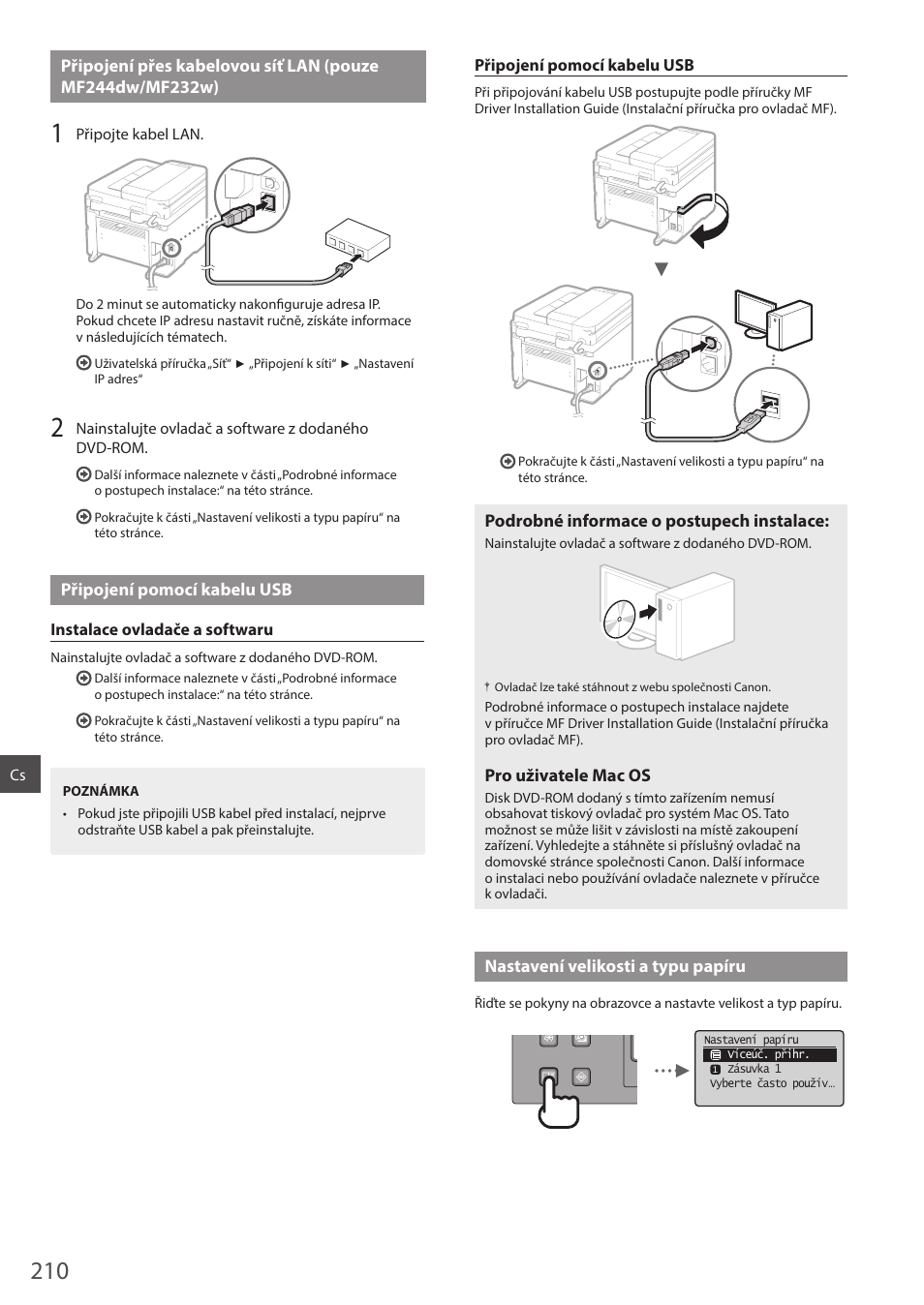 Připojení přes kabelovou síť lan (pouze, E na „připojení přes kabelovou síť lan (pouze, E na „připojení pomocí kabelu usb | Canon i-SENSYS MF244dw User Manual | Page 210 / 308