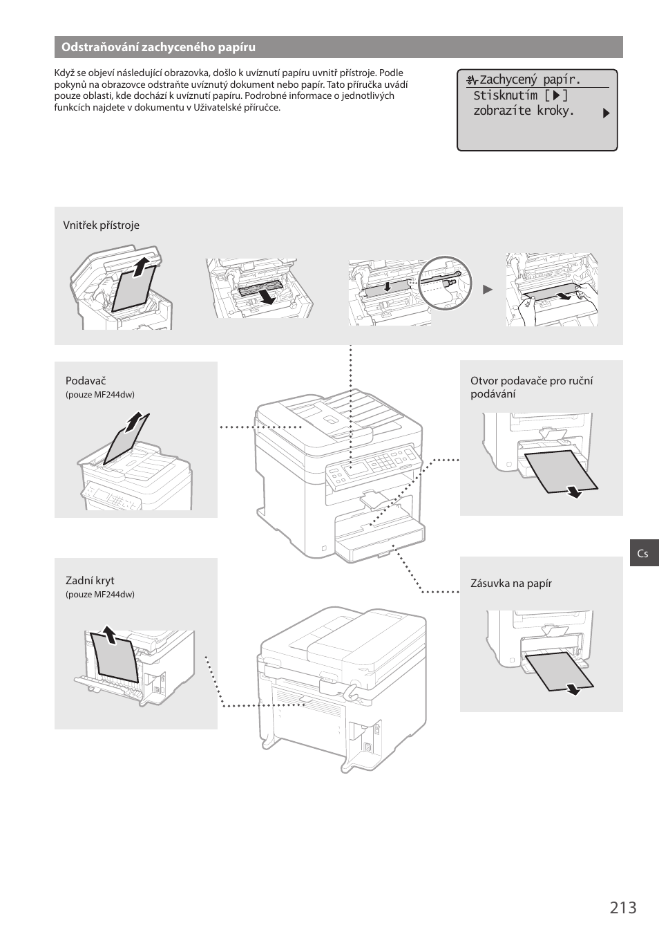 Odstraňování zachyceného papíru | Canon i-SENSYS MF244dw User Manual | Page 213 / 308