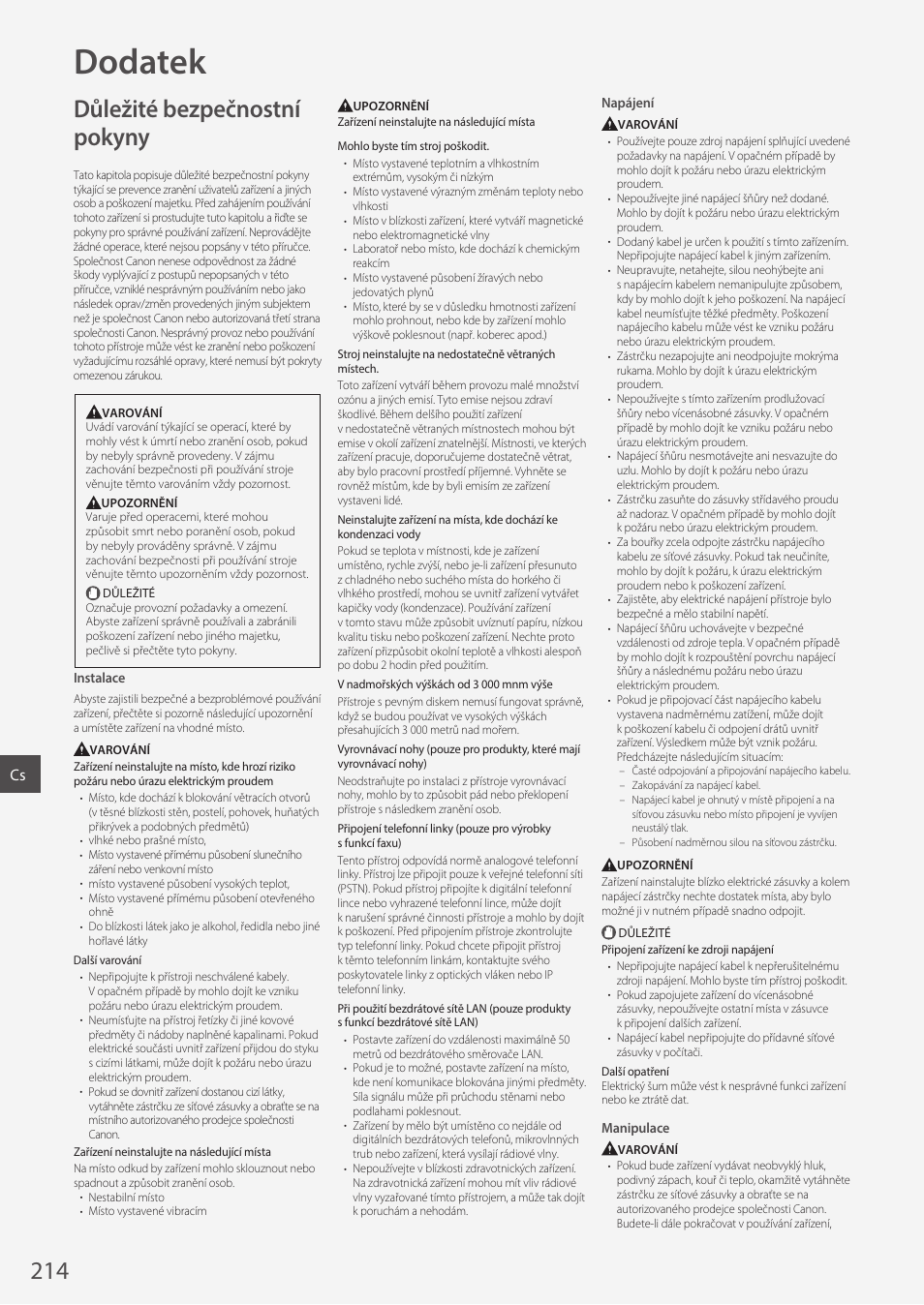 Dodatek, Důležité bezpečnostní pokyny | Canon i-SENSYS MF244dw User Manual | Page 214 / 308